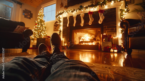 Cozy fireplace scene with stockings hung, decorated Christmas tree, and warm lighting creates festive atmosphere. Perfect for holiday relaxation and celebration