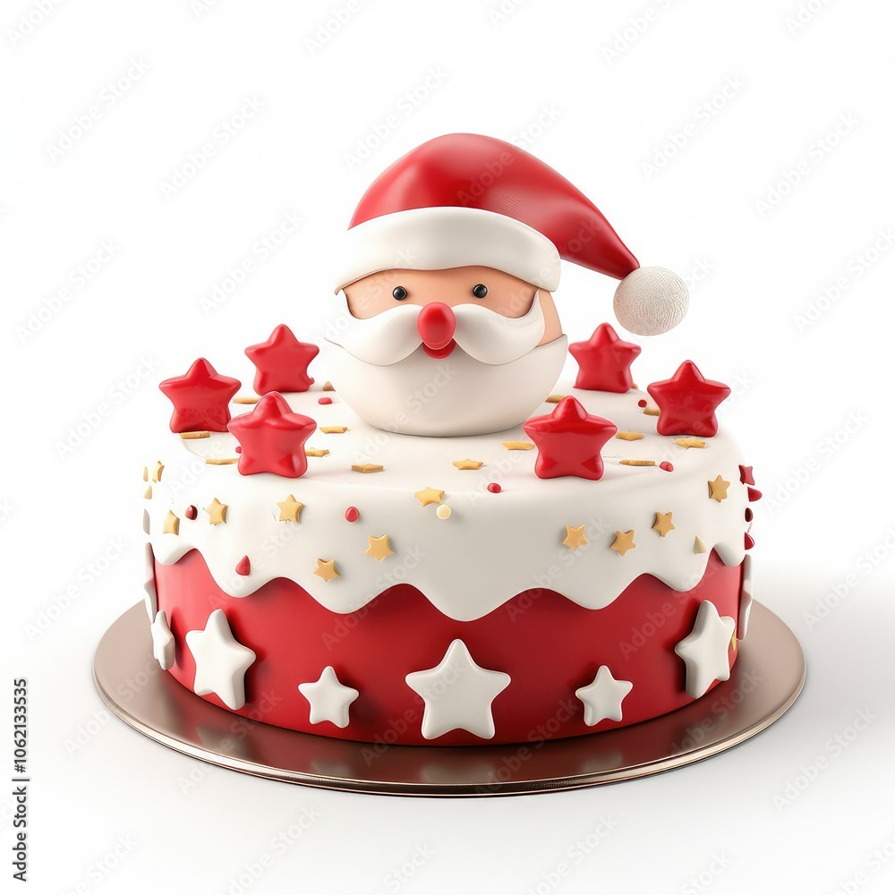 Festive red cake with Santa Claus topper and stars. Festive red cake with Santa Claus topper and stars.