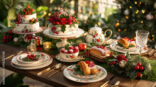 cozy holiday table setting featuring mix of festive decorations, delicious desserts, and elegant tableware, creating warm and inviting atmosphere for celebrations