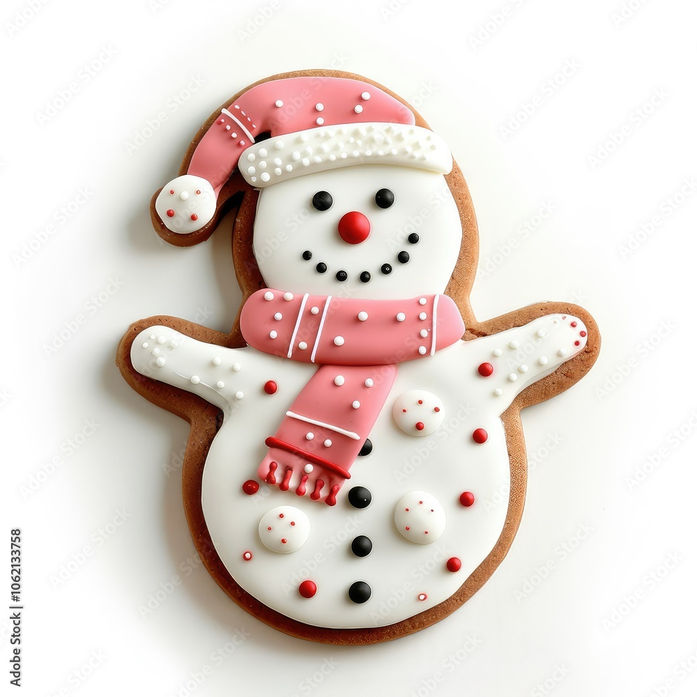 Fototapeta premium Gingerbread snowman with pink hat and scarf.