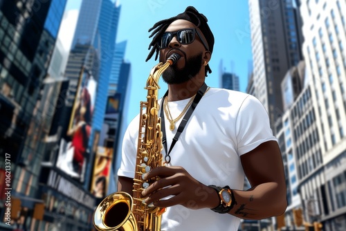 a 2D cartoon illustration of a saxophonist playing on a city street jazzy and cool white background photo