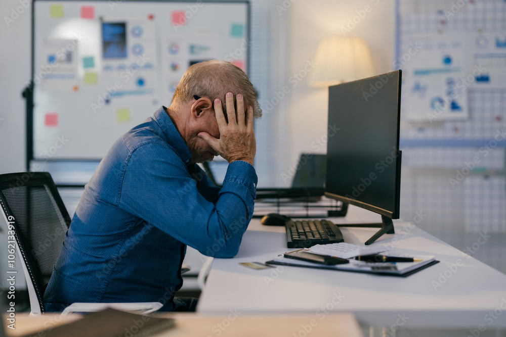 Stressed senior businessman at desk in office, covering face, feeling exhausted and desperate due to financial problems and business failure Stressed senior businessman at desk in office, covering face, feeling exhausted and desperate due to financial problems and business failure