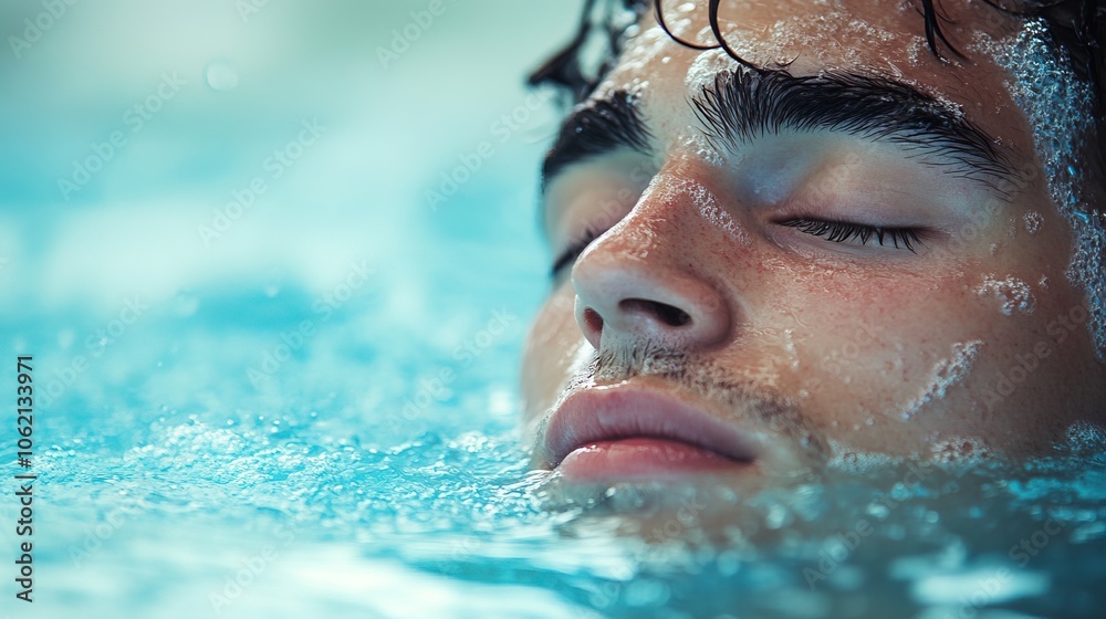 Fototapeta premium Relax white man bathing in blue water with her eyes closed