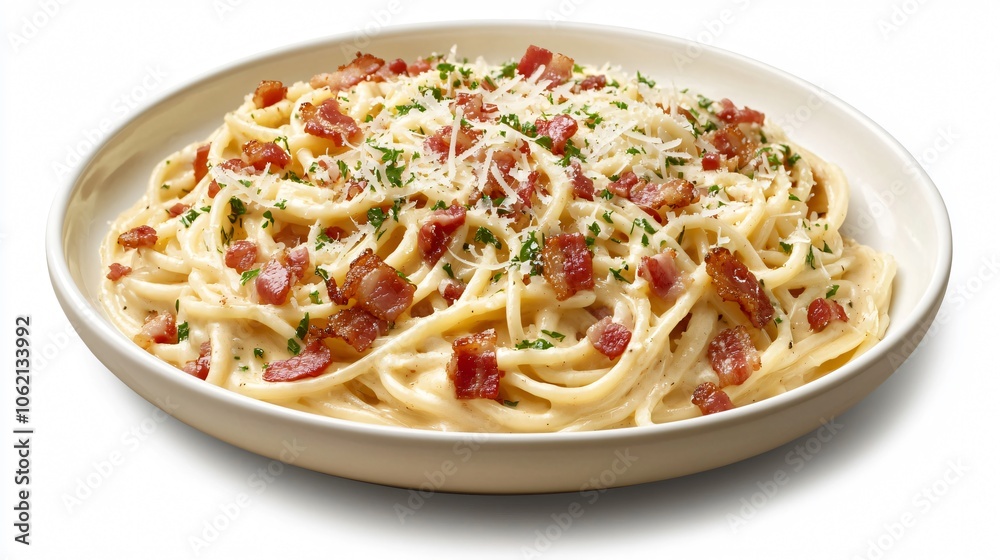 Delicious Plate of Carbonara Pasta with Bacon and Parmesan Cheese Delicious Plate of Carbonara Pasta with Bacon and Parmesan Cheese