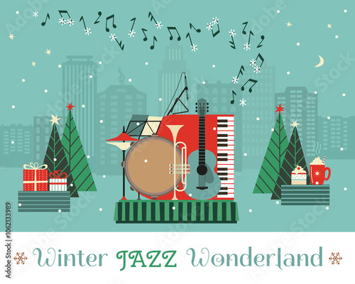 Winter Jazz Wonderland fancy festive poster. Saxophone Live Music cute hand drawn minimal design element illustration. Christmas season Holiday celebration, live concert performance background