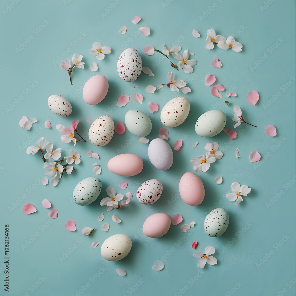 Easter eggs and cherry blossoms arrangement on mint background, spring holiday and decoration concept
Easter eggs and cherry blossoms arrangement on mint background, spring holiday and decoration concept