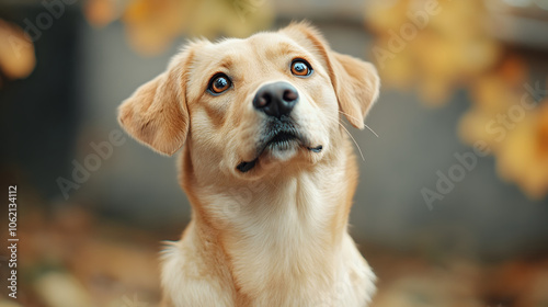 Loyal dog looking up with love in beautiful outdoor setting