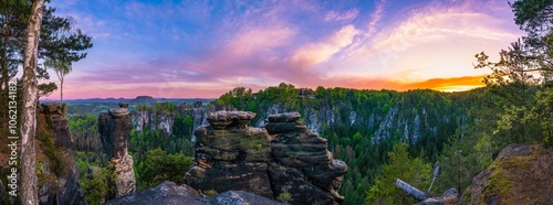 Panoramic view on Bastei bridge and rock formations 