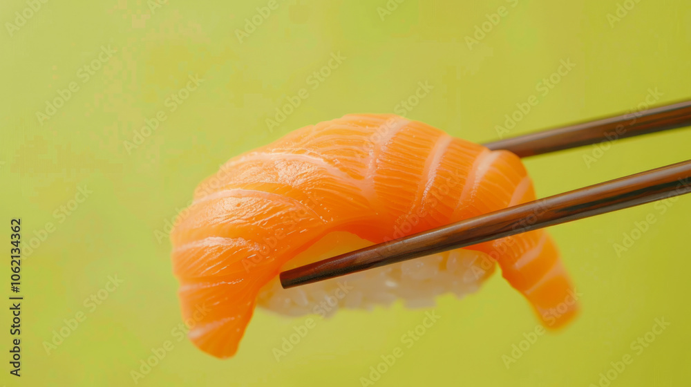 Delicious sushi served with chopsticks against a vibrant green background Delicious sushi served with chopsticks against a vibrant green background