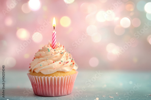 A festive cupcake with a candle standing against a soft, sparkling background