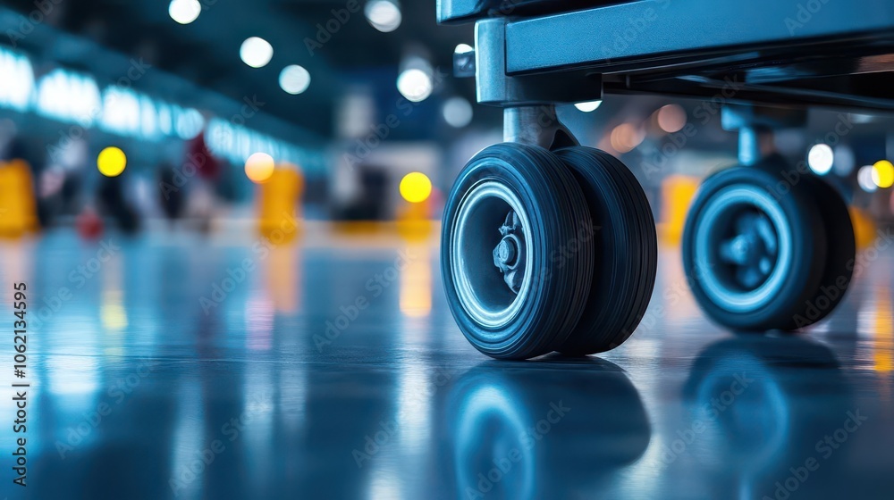 A closeup of luggage wheels rolling across the airport floor, with a blurred background of people walking A closeup of luggage wheels rolling across the airport floor, with a blurred background of people walking