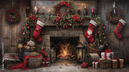 cozy winter scene featuring beautifully decorated fireplace adorned with festive wreaths, stockings, and holiday decorations. warm glow of fire creates welcoming atmosphere