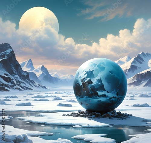 Illustration of Earth planet globe frozen in ice and snow with winter landscape.