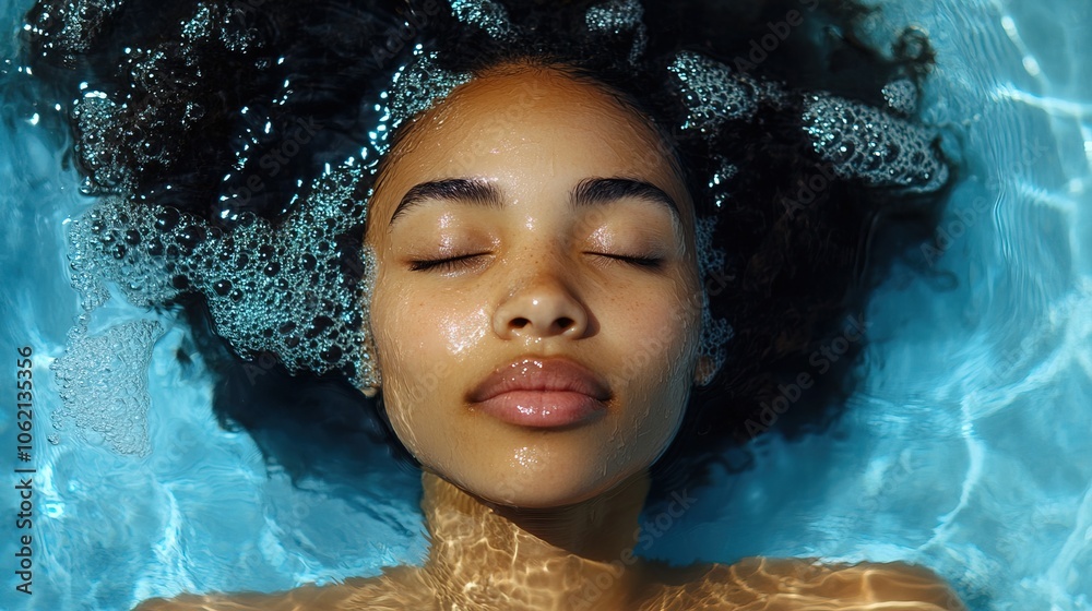 Relax black woman bathing in blue water with her eyes closed Relax black woman bathing in blue water with her eyes closed