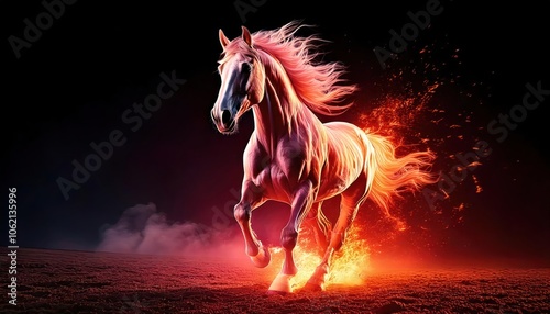  image of fiery horse running through the night is reflected in the water front view  photo