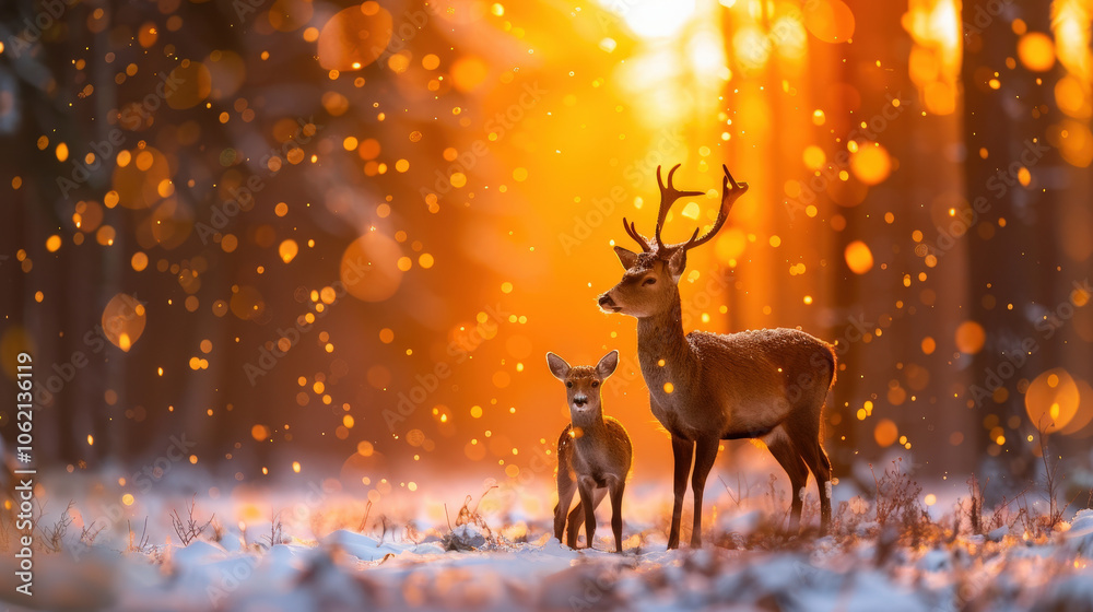 serene scene of deer and its fawn standing together in snowy forest, illuminated by warm golden sunlight. atmosphere is magical, with soft bokeh effects enhancing beauty of nature serene scene of deer and its fawn standing together in snowy forest, illuminated by warm golden sunlight. atmosphere is magical, with soft bokeh effects enhancing beauty of nature
