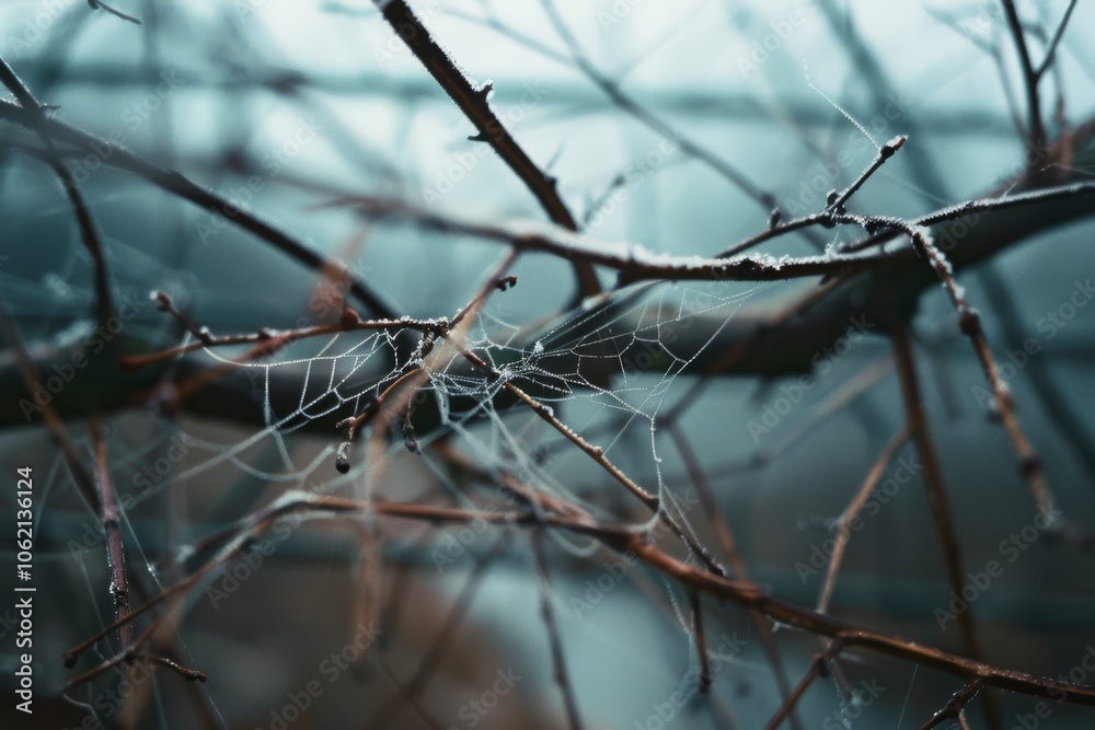 Delicate spider webs coated in frost line bare winter branches, capturing the intricate patterns and cold beauty of nature. Delicate spider webs coated in frost line bare winter branches, capturing the intricate patterns and cold beauty of nature.