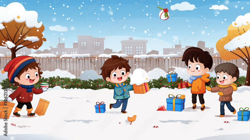 Fototapeta premium Children playing in snow, joyfully exchanging gifts and enjoying winter day. scene captures excitement and happiness of holiday season
