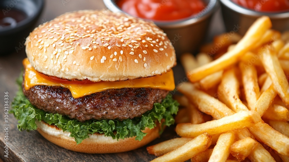 Cheeseburger with french fries and ketchup. Cheeseburger with french fries and ketchup.