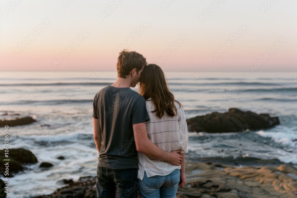 A couple embraces by the seaside, gazing at the pastel-hued horizon as day turns to dusk, reflecting romance and infinite possibilities. A couple embraces by the seaside, gazing at the pastel-hued horizon as day turns to dusk, reflecting romance and infinite possibilities.
