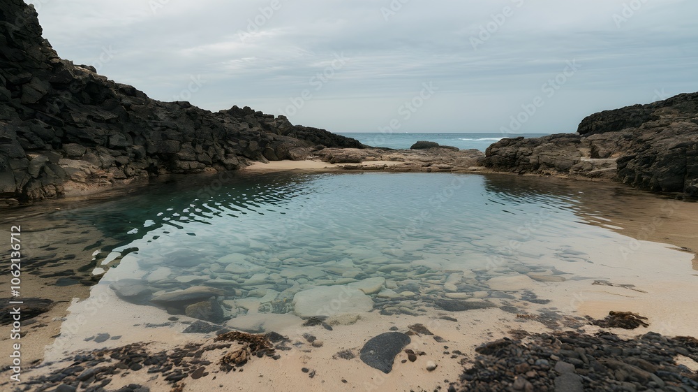 Fototapeta premium Rocky beach with clear water pool showing bottom rocks and sand