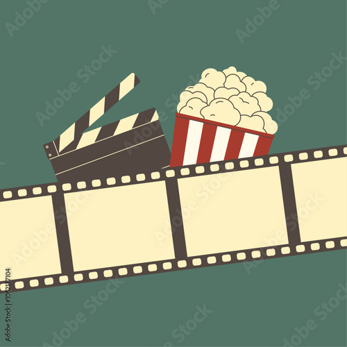 National Cinema Day.Traditional box of popcorn on isolated retro background.Poster, banner,card. Cinema icon in flat style.Movie theater at home, the biggest film collection. Movie time