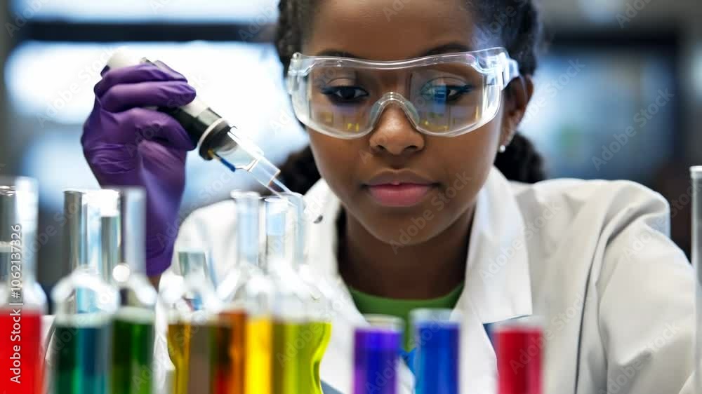 Focused young scientist working in a laboratory, conducting an experiment with safety goggles and protective gloves
