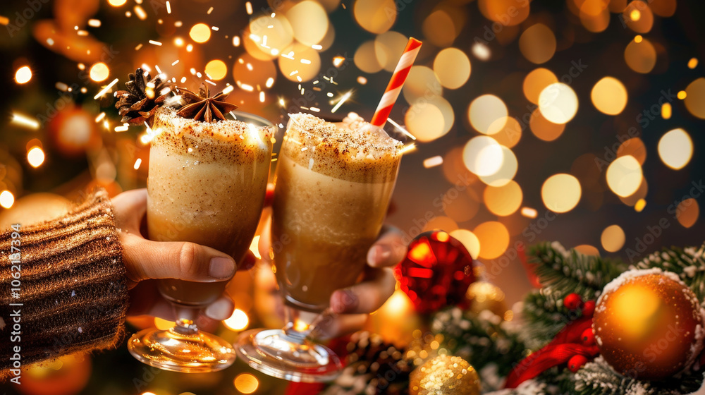 Cheers to festive season with two glasses of eggnog, adorned with festive decorations and sparkling lights in background, creating warm and joyful atmosphere Cheers to festive season with two glasses of eggnog, adorned with festive decorations and sparkling lights in background, creating warm and joyful atmosphere