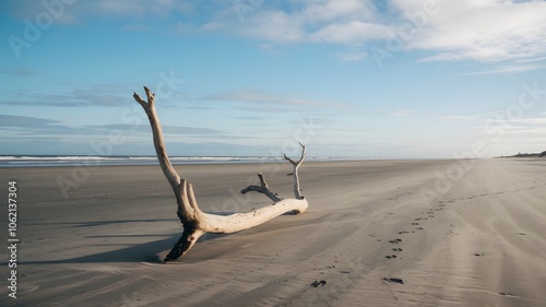 Driftwood on pristine beach with clear sky