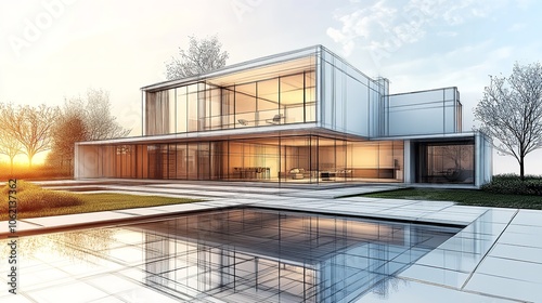 A sketch design of a modern villa with glass facade, showcasing floor-to-ceiling windows overlooking a swimming pool