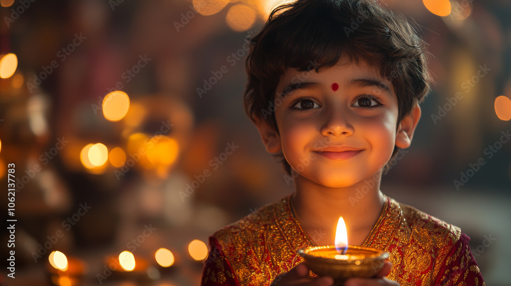 Celebrating Diwali. Young boy in traditional attire, holding a diya lamp and smiling. Celebrating Diwali. Young boy in traditional attire, holding a diya lamp and smiling.