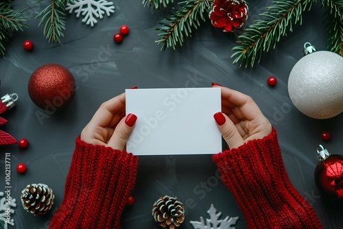 Closeup of hands holding white blank mockup Christmas card with copy space for text on beautiful festive Christmas background with pine and fir branches. Elegant and stylish holiday card