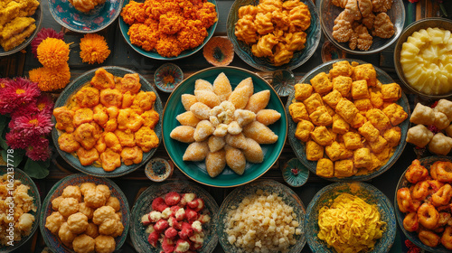 Top view of traditional Indian sweets and snacks arranged on plates with vibrant flowers. Diwali festival.