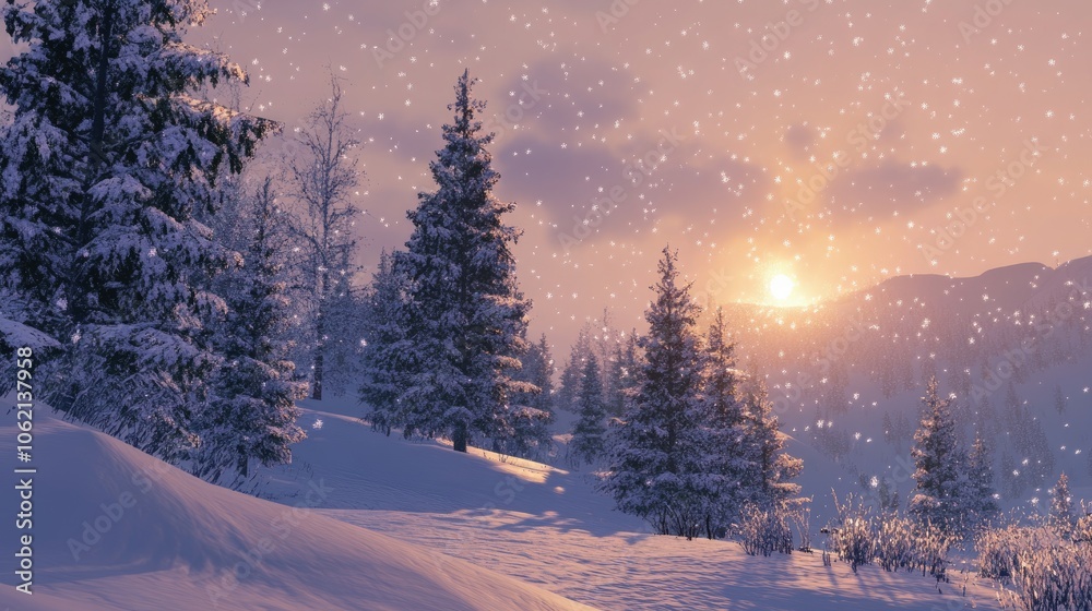 Snow-covered trees at dusk with glimmering snowflakes reflecting the fading light, a winter wonderland atmosphere. Snow-covered trees at dusk with glimmering snowflakes reflecting the fading light, a winter wonderland atmosphere.