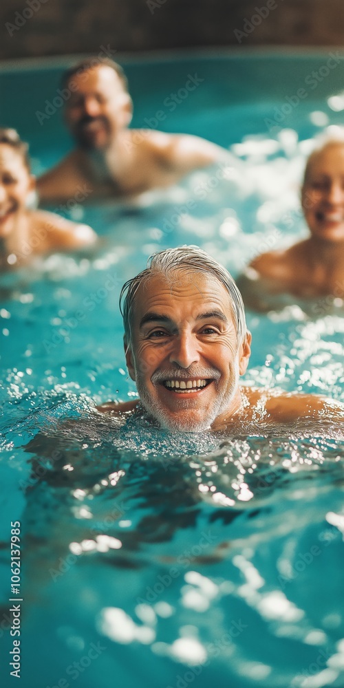 Fototapeta premium A man is smiling while swimming in a pool with other people. Scene is happy and relaxed