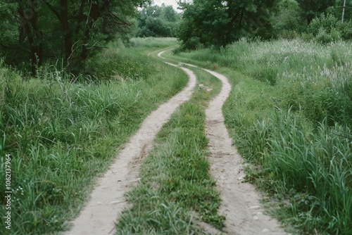 A winding dirt path meanders through lush, verdant meadows, inviting exploration and a peaceful escape into nature.