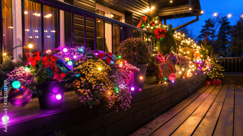 festive balcony decorated with potted plants, colorful lights, and holiday ornaments creates warm and inviting atmosphere. vibrant colors and decorations enhance joyful spirit of season