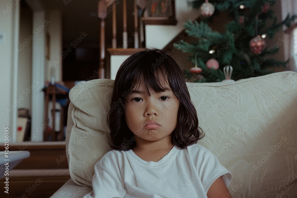 A young child dressed in a white t-shirt sits thoughtfully amidst festive decorations, capturing a moment of quiet reflection. A young child dressed in a white t-shirt sits thoughtfully amidst festive decorations, capturing a moment of quiet reflection.