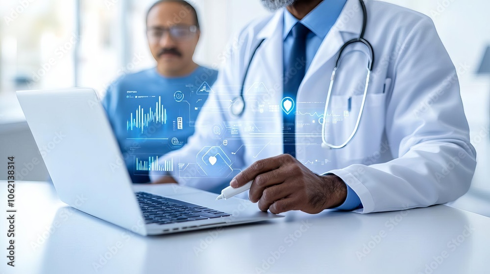 Doctor explaining digital health metrics to patient, patient-centered care, advanced data visualization Doctor explaining digital health metrics to patient, patient-centered care, advanced data visualization
