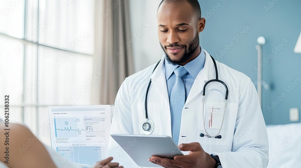 Doctor explaining health data on screen to patient, compassionate interaction, clear data visualization Doctor explaining health data on screen to patient, compassionate interaction, clear data visualization