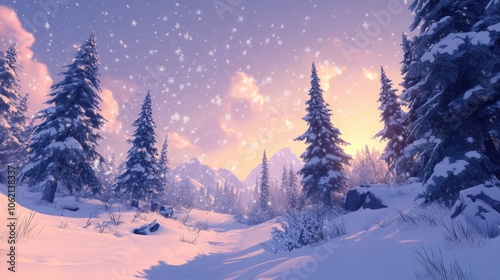 Snow-covered trees at dusk with glimmering snowflakes reflecting the fading light, a winter wonderland atmosphere.