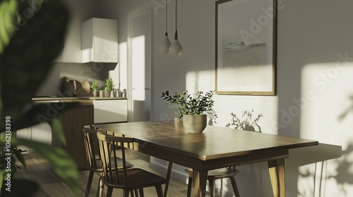 In this minimalist Scandinavian dining room, a beautiful wooden table and matching chairs create an inviting atmosphere, complemented by large framed wall art on the pristine white walls. 