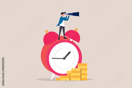 Businessman looking into binoculars on time. concept of Look for investment time, future, opportunity and success