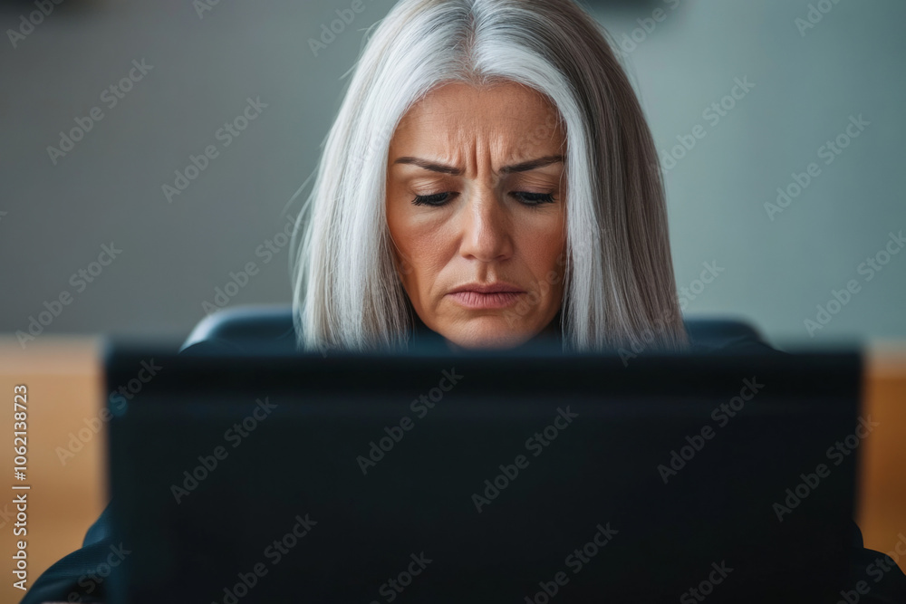 Woman with long gray hair focuses intently on her laptop during work Woman with long gray hair focuses intently on her laptop during work