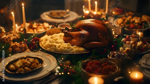 Traditional Holiday Feast with Candlelit Roasted Turkey
 photo