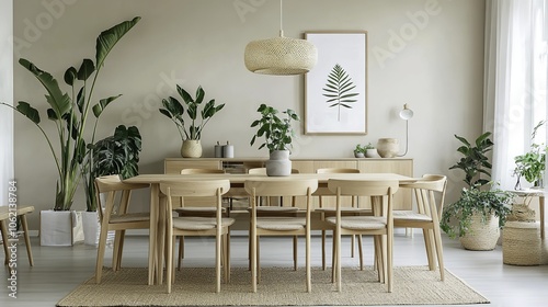 In this minimalist Scandinavian dining room, a beautiful wooden table and matching chairs create an inviting atmosphere, complemented by large framed wall art on the pristine white walls. 