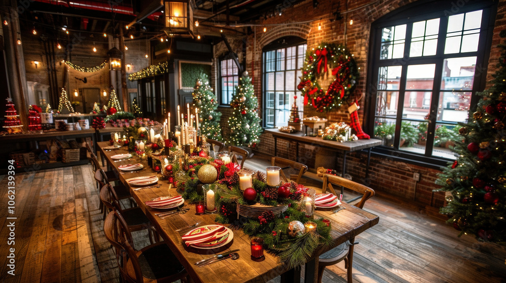 festive holiday table set up in beautifully decorated store, featuring elegant tableware, candles, and warm ambiance. scene is filled with Christmas trees and cheerful decorations, creating joyful festive holiday table set up in beautifully decorated store, featuring elegant tableware, candles, and warm ambiance. scene is filled with Christmas trees and cheerful decorations, creating joyful
