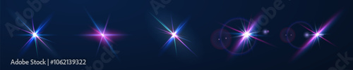 The image shows a multi-colored starlight including sunlight and dawn effect. Rainbow star. The star shines with a rainbow of red yellow and blue colors. Optical effect of fire light. Vector lens
