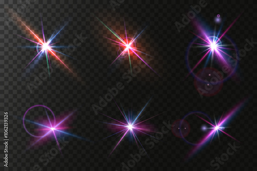 The image shows a multi-colored starlight including sunlight and dawn effect. Rainbow star. The star shines with a rainbow of red yellow and blue colors. Optical effect of fire light. Vector lens