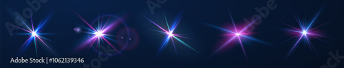 The image shows a multi-colored starlight including sunlight and dawn effect. Rainbow star. The star shines with a rainbow of red yellow and blue colors. Optical effect of fire light. Vector lens